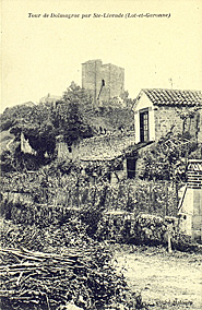 gravure ancienne représentant une vue du village avec la tour de dolmayrac